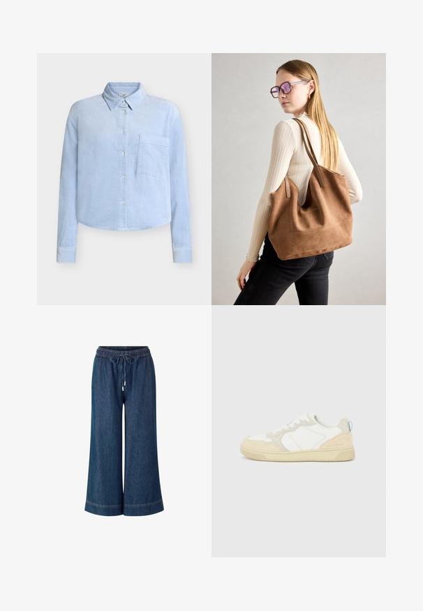 Hellblaues Cordhemd mit klassischem Kragen, langen Ärmeln, einer Brusttasche und Knopfleiste. Verfügt über ein strukturiertes, geripptes Muster.; Denim-Hosen im weiten Schnitt mit elastischem Bund, Kordelzugverschluss und silbernen Hardware-Akzenten. Dunkelblaue Farbe mit genähtem Saum.; Weißer und beiger Sneaker mit Obermaterial aus Wildleder und Textil, kontrastierenden Nähten, einer Gummisohle und einem hellblauen Akzent an der Ferse.; Braune Wildleder-Tasche mit weicher Textur, großer Öffnung und langen Trägern. Sie verfügt über ein simples Design mit sichtbarem Stich und ohne Beschläge.