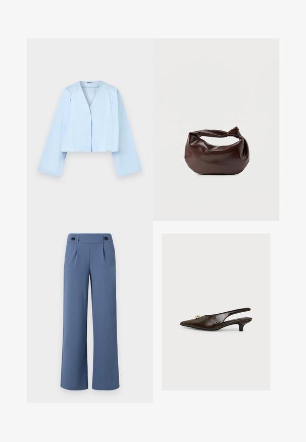 Veste courte bleu clair avec manches longues et larges, col en V profond et plis à l'avant sur fond blanc.; Pantalons larges bleus en tissu lisse, avec une taille plate, deux plis et deux boutons noirs à la taille.; Escarpin slingback en cuir verni marron foncé à bout pointu, petite boule décorative dorée et petit talon kitten, présenté sur un fond blanc uni.; Sac bandoulière en cuir marron foncé avec une forme souple et décontractée et une anse nouée torsadée sur un fond blanc uni.