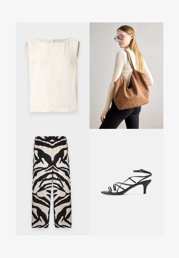 Haut ivoire sans manches en tissu léger, avec un col rond, une texture subtile et un ourlet droit. Aucune fermeture visible.; Pantalons à jambes larges à motifs noir et beige, avec une taille élastique, mettant en valeur un audacieux motif de rayures zèbre dans un tissu lisse.; Sandale noire à fines brides pour femme avec petit talon kitten et boucle à la cheville sur un fond uni clair.; Sac fourre-tout en daim marron avec une texture douce, grande ouverture et longues sangles. Présente un design simple avec des coutures visibles et sans matériel.