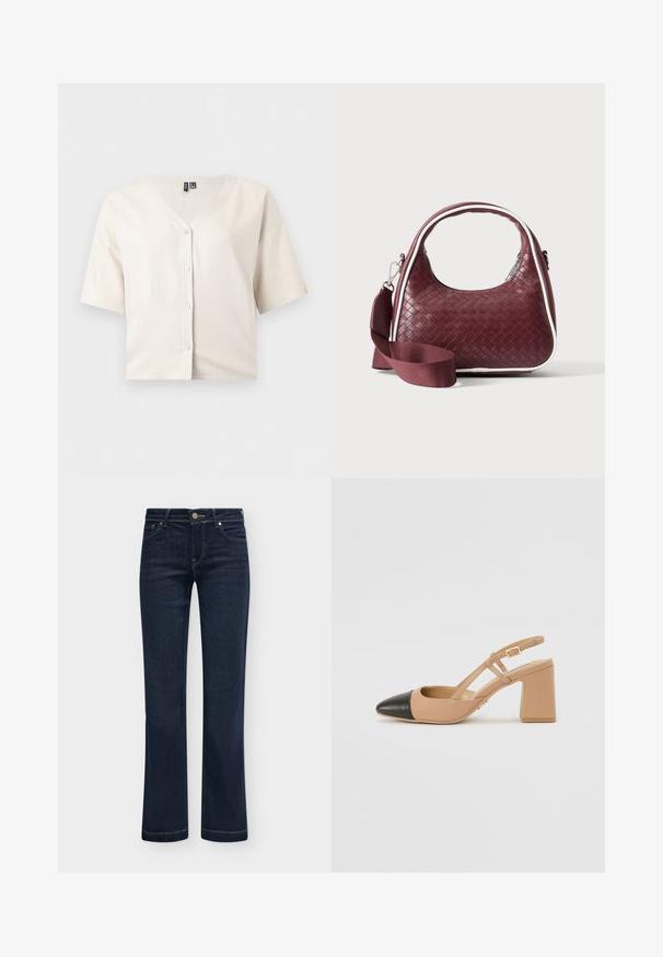 Beige cardigan med korte ærmer, knapper foran, V-hals og sænkede skuldre, vist på en ensfarvet lys baggrund.; Mørkeblå jeans med lige ben, fem lommer og knaplukning, vist fladt på en lys baggrund.; Beige slingback sko med en sort spids tå, en firkantet høj hæl og to remdetaljer, fremstillet af et glat materiale.; Mørkerød vævet lædertaske med buet hank, hvid kant, sølv lynlås og aftagelig bred stofskulderrem mod en ensfarvet baggrund.