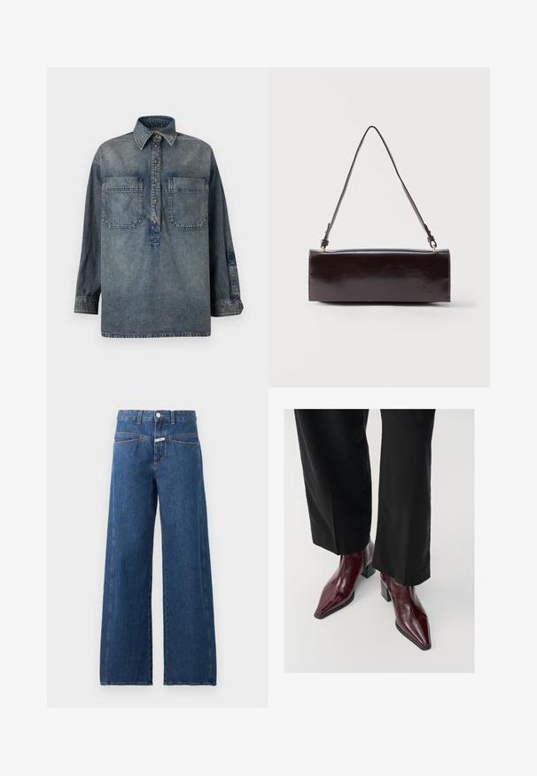 Chemise en denim bleu délavé à manches longues avec patte de boutonnage frontale, col pointu, deux grandes poches poitrine, et poignets boutonnés.; Jean bleu taille haute à jambes larges avec fermeture devant par bouton et fermeture éclair, poches avant et couture orange visible sur fond uni.; Bottines en cuir laqué bourgogne avec un bout pointu, un talon épais et une finition texturée, associées à un pantalon large noir.; Sac à main rectangulaire en cuir noir avec une longue bandoulière unique et une finition brillante, présenté sur un fond blanc uni.
