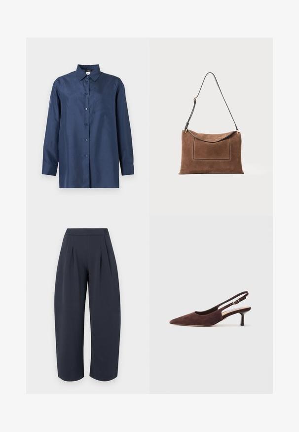 Navyblaues Hemd mit langen Ärmeln, Knopfleiste, Kragen und Brusttasche, auf hellem Hintergrund gezeigt.; Dunkel marineblaue, weit geschnittene, verkürzte Hose mit hoher Taille und vorderen Falten, vor einem einfarbigen, hellen Hintergrund dargestellt.; Braune Wildleder-Slingback-Schuhe mit spitzer Zehenform und schmalem Absatz. Verfügt über einen verstellbaren Riemen mit einer Metall-Schnalle.; Braune Wildleder-Handtasche mit glatter Textur und abgerundetem oberen Teil. Verfügt über einen schwarzen Ledergriff und eine rechteckige Vordertasche. Goldene Hardware-Akzente.