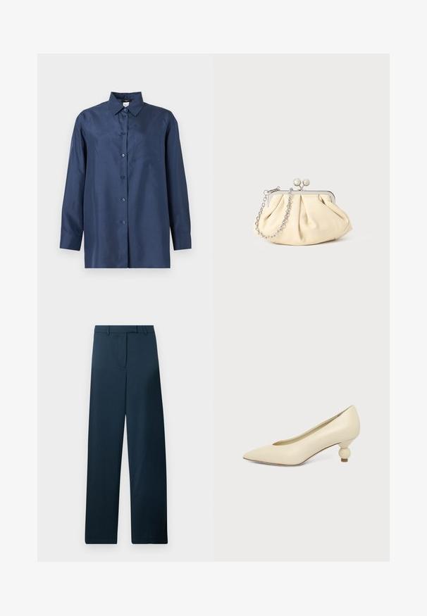Camisa azul marino de manga larga con botones, cuello y bolsillo en el pecho, mostrada sobre un fondo claro y liso.; Pantalones de pierna ancha en azul marino con una textura suave, frente plano y trabillas para cinturón. Presentan un diseño minimalista y sin patrones o acentos visibles.; Zapato de mujer color crema con punta afilada y tacón bajo, con tacón redondo en forma de bola, sobre un fondo liso.; Clutch de cuero beige plisado con un marco de metal plateado, que cuenta con dos broches decorativos redondos y una correa de cadena plateada.