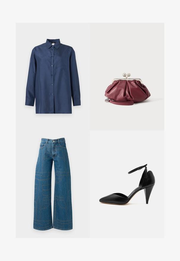 Chemise bleu marine à manches longues avec boutons, col et poche poitrine, présentée sur un fond clair uni.; Jeans évasés en denim bleu moyen avec des motifs de couture contrastants et plusieurs designs de poches. Taille haute avec une fermeture à bouton.; Escarpin en cuir noir à bout pointu avec bride à la cheville et talon conique sur fond blanc.; Petite pochette en cuir bordeaux avec fermoir en métal argenté et bracelet pour poignet sur fond blanc.