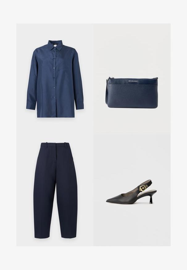 Chemise bleu marine à manches longues avec boutons, col et poche poitrine, présentée sur un fond clair uni.; Pantalon bleu marine à coupe ajustée, silhouette à jambe large, plis et passants pour ceinture. Confectionné dans un tissu lisse et texturé.; Chaussure à talon haut noire à bride arrière, avec un bout pointu, une texture en cuir lisse et une accent de boucle dorée sur la bride.; Pochette en cuir marine avec une texture granulée, une fermeture éclair supérieure élégante et un accent logo argenté. Bracelet détachable pour plus de polyvalence.