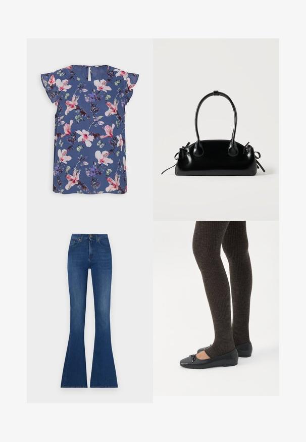Blå blomstret bluse med korte rynkede ærmer, der har pink og hvide blomster, grønne blade og små sommerfugle på lette stoffer.; Flares jeans i mørkeblåt denim, høj talje med en tætsiddende top og brede flared bukseben, præget af diskret slidser og klassisk syning.; Ben iført mørke ribbede leggings kombineret med sorte balletsko med små sløjfedetaljer på hvid baggrund.; Lille sort blank håndtaske med to lange håndtag og snøre-detaljer i siden på en ensfarvet lys baggrund.