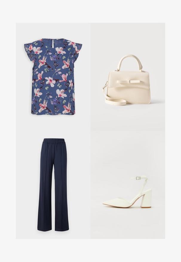 Blusa azul con estampado floral y mangas cortas con volantes, que presenta flores rosas y blancas, hojas verdes y pequeñas mariposas sobre una tela ligera.; Pantalones de pierna ancha de color azul marino con una cintura elástica, fabricados en una tela suave y lisa. Presentan líneas limpias y una silueta relajada.; Sandalia blanca de tacón con puntera afilada, correa ajustable en el tobillo y un tacón cuadrado grueso. Textura lisa con detalles de costura mínimos.; Pequeño bolso beige con asa superior, correa desmontable, solapa frontal y lazo decorativo horizontal sobre un fondo liso.