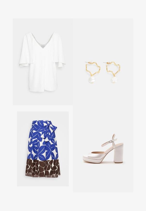 Halston MARAH TOP IN FLUID - Bluse - chalk; Blå og hvid nederdel med et iøjnefaldende bladmønster, med en bundet talje og en brun blomsterkant. Fremstillet af letvægtigt stof.; Hvid højhælet sandal med blokhæl, platfod, åben tå og ankelrem med spænde, vist fra siden.; Guldtonede hoop øreringe med et bølget design, der har en hvid perle som dråbeaccent. Teksturen er glat, og øreringene er lette.