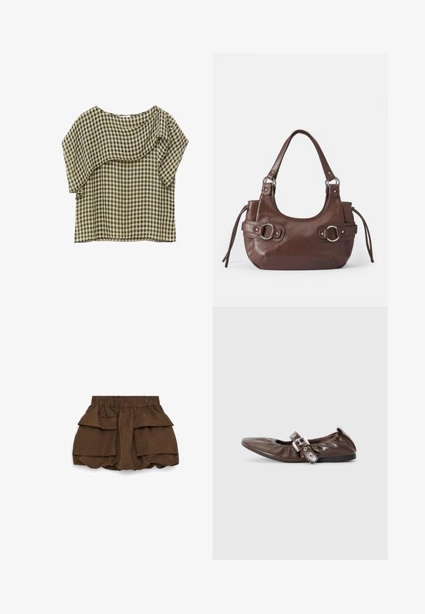 Haut à manches courtes pour femme avec motif à carreaux noir et beige et détail asymétrique en tissu superposé sur une épaule.; Shorts marron taille haute avec ceinture élastique et grandes poches avant superposées de chaque côté, en tissu léger.; Chaussure plate en cuir verni marron avec un bout pointu, un détail de nœud élastiqué et une accent en boucle en argent sur le côté. Semelle en caoutchouc noir.; Sac à main en cuir marron de forme arrondie, avec quincaillerie argentée, deux anses latérales et une texture lisse. Dispose d'une seule poignée supérieure.
