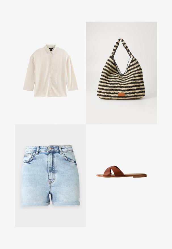 Beige tekstureret langærmet skjorte med knapper og krave, afslappet pasform og syv knapper foran, lagt fladt på en hvid baggrund.; Lyseblå denimshorts med høj talje, fem lommer og opkrogede kanter. Har diskret falmet effekt og kobberfarvet hardware.; Brun læder slidesandal med krydsstropdesign. Flad sål med en glat finish og minimalistisk stil. Ingen synlige beslag eller accenter.; Stribet vævet taske i sort og beige, med et slouchy design, tekstureret overflade og et lille lædermærke.