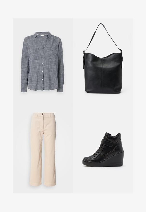 Knoopshirt in geweven marineblauw en wit ruitpatroon, met een kraag, twee borstzakken en lange mouwen met knoopmanchetten.; Beige corduroy broek met rechte benen, voorkant met knoopsluiting en zijzakken, zichtbaar op een witte achtergrond.; Zwarte hoge wedge sneakers van glad leer, met vetersluiting aan de voorkant, verstelbare band en decoratieve ritsaccenten.; Zwarte leren schoudertas met een gladde textuur, ronde bovenkant, enkele schouderband en een minimalistisch ontwerp zonder zichtbare hardware.