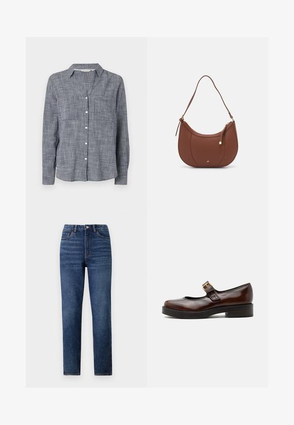 Chemise à boutons en tissu à carreaux navy et blanc, avec un col, deux poches poitrine et des manches longues avec des poignets à boutons.; Jeans en denim bleu taille haute avec une coupe droite, présentant un léger délavage, une fermeture à un bouton et un design à cinq poches.; Chaussure Mary Jane marron foncé avec finition brillante, bout arrondi, petit talon bloc et bride avec boucle dorée sur le cou-de-pied.; Sac à épaule en faux cuir brun, de forme arrondie, avec des coutures minimales et un accent en matériel doré. Il possède une fermeture zippée sur le dessus et une sangle réglable.