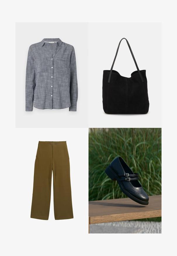 Hemd mit Knopfleiste in gewebtem Navyblau- und Weißkaro-Muster, ausgestattet mit einem Kragen, zwei Brusttaschen und langen Ärmeln mit Knopfmanschetten.; Weite Hosen aus olivgrünem Stoff mit glatter Textur und ohne sichtbare Verschlüsse. Entworfen für eine lockere Passform mit klaren Linien.; Schwarzer Mary Jane Lederschuh mit doppelten Schnallenriemen und Brogue-Details, schwebend über einer Holzbank mit grünem Gras im Hintergrund.; Schwarze Wildleder-Umhängetasche mit zwei langen, flachen Ledergriffen. Sie verfügt über eine gewölbte obere Kante und sichtbare Nähte auf der Vorderseite. Keine Hardware-Details.