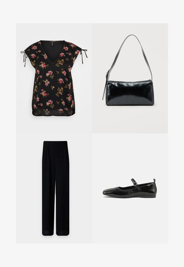 Sort blomsterbluse med V-hals, korte ærmer og bånddetaljer ved skuldrene. Har et mønster af lyserøde og grønne blomster. Glat tekstur.; Vero Moda Petite VMLIVA SUPER WIDE PANTS - Bukser - black; Sorte patentlæder flade sko med spidse tæer, en ankelrem med spænde og en glat, blank tekstur. Lav hæl for komfort.; Sort rektangulær skuldertaske med en enkelt justerbar rem og lynlås i toppen på en ensfarvet baggrund.