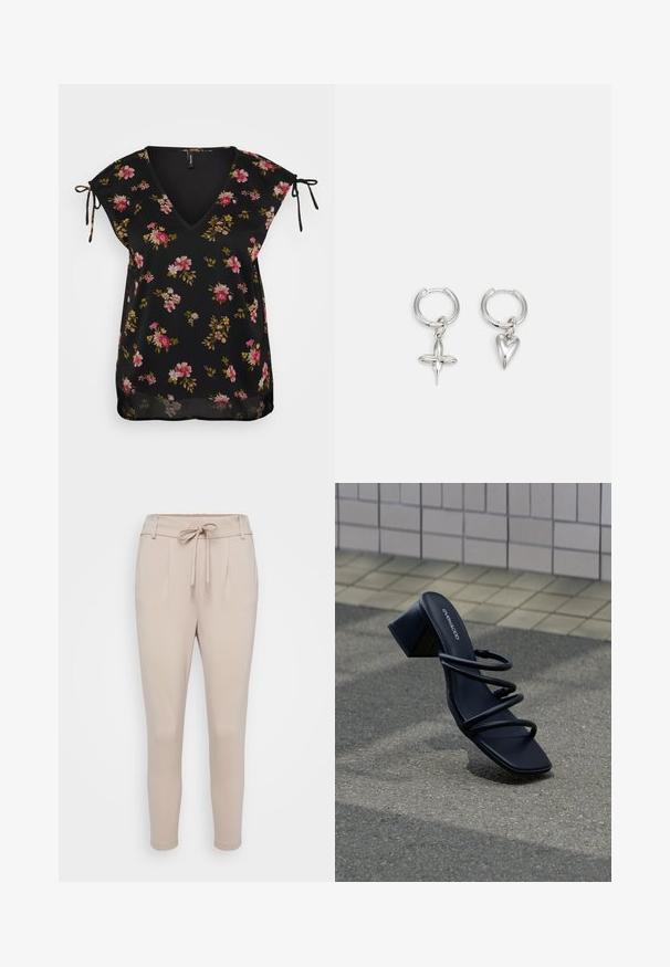Blusa negra con flores, escote en V, mangas cortas y detalles con cintas en los hombros. Presenta un patrón de flores rosas y verdes. Textura suave.; Pantalones beige confeccionados en una tela suave, con cinturilla elástica ajustable, pliegues frontales y piernas estrechas. Textura lisa sin patrones visibles.; Sandalia negra con punta cuadrada, tres tiras finas y tacón grueso sobre pavimento cerca de pared de azulejos.; Pendientes de aro de plata con un charm de cruz y corazón. Textura suave y brillante con un acabado pulido. Cada charm cuelga de un lazo seguro.