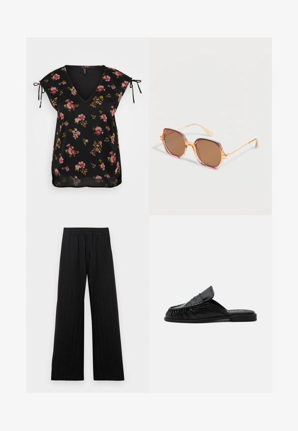 Blusa negra con flores, escote en V, mangas cortas y detalles con cintas en los hombros. Presenta un patrón de flores rosas y verdes. Textura suave.; Pantalones negros de pierna ancha hechos de tela de algodón. Presentan una cintura elástica y un acabado suave y texturizado. Sin patrones ni detalles visibles.; Mule negro de cuero sin cordones con suela plana, costura estilo mocasín y detalle de lengua plegada sobre un fondo liso.; Gafas de sol cuadradas sobredimensionadas con lentes marrones degradados y patillas finas de metal dorado.