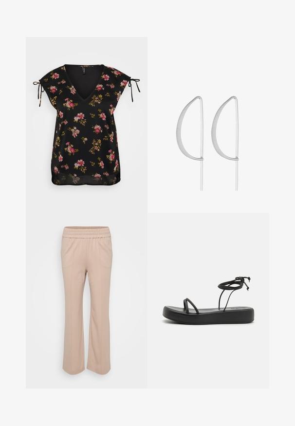 Schwarze Bluse mit floralem Muster, V-Ausschnitt, kurzen Ärmeln und Bindebanddetails an den Schultern. Sie hat ein Muster aus pinken und grünen Blumen. Glatte Textur.; Helle beige, elastische Bundhose mit lockerer Passform. Verfügt über vertikale Nähte und einen weichen, glatten Stoff. Schlaghosen-Design.; Schwarze flache Sandalen mit einer breiten Sohle, dünnen Riemen und einer verstellbaren Schnürung am Knöchel. Glatte Textur mit minimalistischer Gestaltung.; Silberne Ohrringe aus Metall mit einem minimalistischen geschwungenen Design, das verlängerte, offene Tropfenformen mit einer matten Oberfläche aufweist.