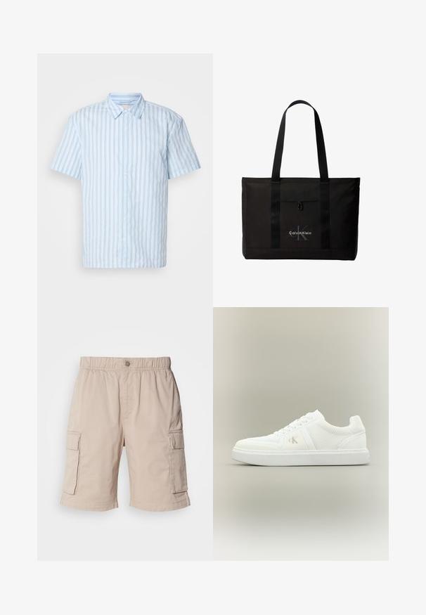 Korte ærmer knap-up skjorte i lyseblåt stof med lodrette striber. Har en spids krave og hvide knapper ned langs fronten.; Beige cargo shorts med elastisk talje, knaplukning, to sidelommer og ekstra lommer på lårene. Letvægtsstof.; Hvid lavtopsneaker med snørebånd, teksturerede stofsider og subtilt "ck"-logo på ydersiden, placeret på en enkel neutral baggrund.; Sort Calvin Klein tote taske med to lange håndtag og lomme foran, med mærkets logo i hvid og grå.