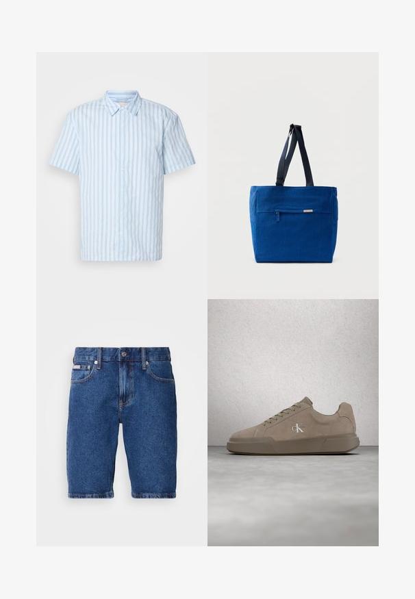 Chemise à manches courtes en tissu bleu clair avec des rayures verticales. Elle possède un col pointu et des boutons blancs sur le devant.; Shorts en denim bleu foncé, avec un design classique à cinq poches, des accents de surpiqûres visibles, et une coupe droite à longueur de genou.; Baskets en daim beige avec lacets et logo "ck", présentées en suspension au-dessus d'un sol en béton poli avec un mur en blocs de verre en arrière-plan.; Sac fourre-tout en toile bleue avec une poche zippée à l'avant, des doubles bretelles et une forme rectangulaire. Dispose d'une étiquette de marque discrète.
