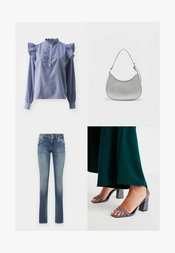 Blåstribet bluse med lange ærmer, flæseakcenter på skuldrene, knaplukning og en høj halsudskæring. Glat stof med en let glans.; Lysblå denim jeans med lige ben-design, to forlommer, en falmet finish og en lille slidse detalje på højre lår.; Sølvglitrende block-heeled sandaler med to tynde stropper og firkantet tå. Akkompagneret af et mørkegrønt gulvlangt tøj.; Sølv faux læder håndtaske med en buet form, kort justerbar strop og glat overflade, præget af minimal syning.