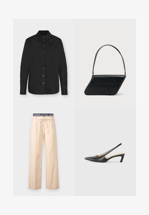 Sort langærmet skjorte med knapper og spids krave, vist fladt på en lysegrå baggrund.; Beige bukser med brede ben, plisseringer, snøre i taljen og sort elastik i taljen med hvidt "KARL LAGERFELD" tekst.; Sorte spidse slingback-sko med en lav hæl, lavet af glat læder og med udskæringer på siden for åndbarhed.; Sort skuldertaske i læder med trekantet form, præget logo og en enkelt justerbar rem. Minimalistisk design med glat tekstur.