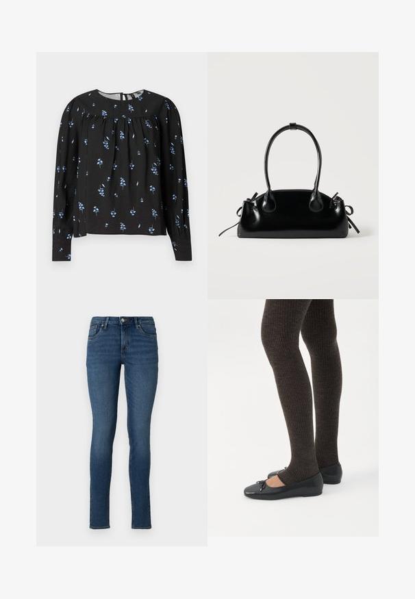 Zwart blouse met lange mouwen, voorzien van een blauw bloemenpatroon, ronde halslijn, geplooide details en een knoopsluiting op de rug. Zachte textuur.; Dunne blauwe jeans van denim met een normale taille, vijf zakken en een vervaagde was, met standaard stiksels en een ritsluiting.; Benen met donkere geribbelde leggings gecombineerd met zwarte ballerina's met kleine strikdetails op een witte achtergrond.; Kleine zwarte glanzende handtas met twee lange hengsels en zijkant trekkoord details op een effen lichte achtergrond.