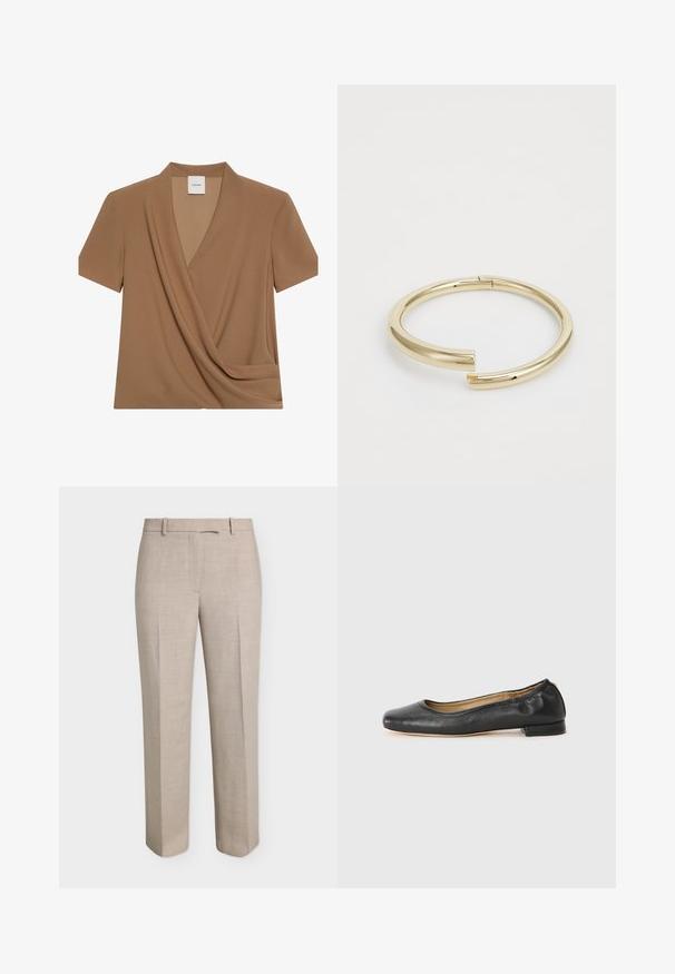 Haut marron à manches courtes avec un design croisé en V drapé et une étiquette Calvin Klein à l'intérieur du col.; Pantalon beige droit sur mesure avec passants de ceinture, fermeture éclair devant et pli marqué sur fond blanc.; Ballerines en cuir noir avec un bout arrondi et des coutures minimales. Talon bas et rectangulaire avec une texture lisse. Détails subtils de doublure intérieure.; Calvin Klein SPIRAL - Bracelet - gold-coloured