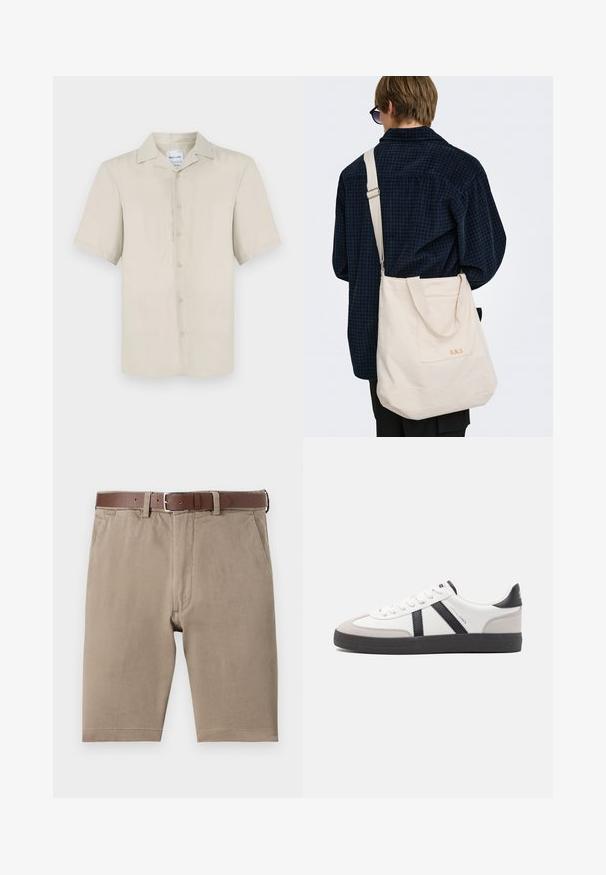 Chemise beige à manches courtes avec un col classique, fermeture à boutons sur le devant, texture de tissu lisse et ourlet droit.; Shorts en coton beige à coupe droite, dotés d'une ceinture en cuir marron et de poches latérales, avec une texture lisse et des ourlets soigneusement finis.; Baskets blanches avec des accents noirs et gris, présentant un embout texturé gris, une semelle en caoutchouc noir et des lacets plats blancs. Design épuré, style minimaliste.; Personne aux cheveux courts portant une chemise à carreaux foncée et des lunettes de soleil porte un grand sac fourre-tout en toile écrue avec bandoulière et poche avant.