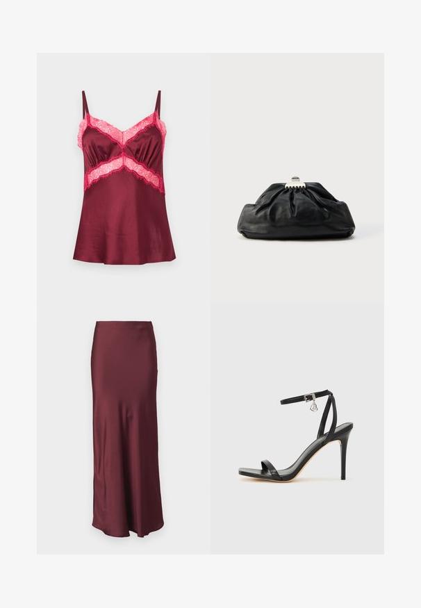 Bordeaux satin camisole med lyserød blondetrim ved barmen og taljen, med tynde justerbare skulderstropper.; Bourgogne satin maxiskør med en tætsiddende talje og svajet kant, der har en glat tekstur uden synlige mønstre eller forskønnelser.; Sort hæl-sandal med smal ankrem, firkantet tå-boks, glat lædermateriale og metalspænde som pynt.; Sort læderclutch med en samlet tekstur, metal lukning og diskret præget logo på forsiden. Rundet form.