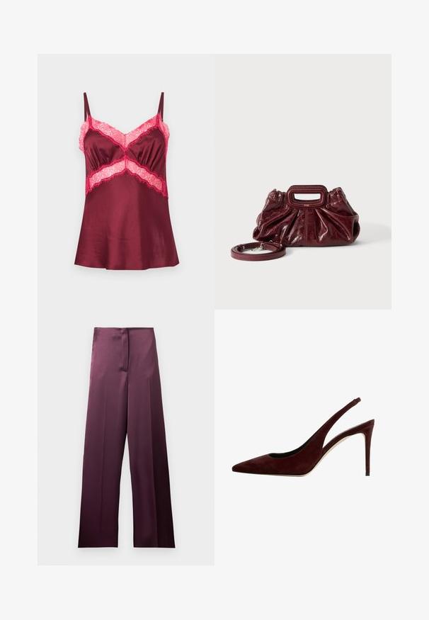 Bordeaux satin camisole med lyserød blondetrim ved barmen og taljen, med tynde justerbare skulderstropper.; Højtaljede bukser med vide ben i dyb bordeaux med en glat finish og skjult forlukning foran, vist fladt på en hvid baggrund.; Mørkerød suede slingback pump med spids tå og stiletto hæl, set fra siden på en hvid baggrund.; Lille mørkerød læderhåndtaske med opsamlet struktur, rektangulært håndudskåret håndtag og aftagelig skulderrem på hvid baggrund.