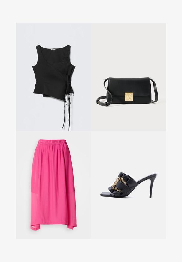 Schwarzes ärmelloses Top mit Wickeldesign aus glattem Stoff, mit seitlichen Bändern und einer strukturierten Form. Etikett mit der Aufschrift "WEEKDAY".; Rosa Midirock mit elastischem Taillenbund, der ein geschichtetes Design und durchsichtige Akzente aufweist, was eine fließende Silhouette und weiche Textur schafft.; Schwarzer High-Heel-Mule mit quadratischer Spitze, gerafftem Riemen und verzierten goldenen Schnallen-Details vor weißem Hintergrund.; Schwarze rechteckige Umhängetasche aus strukturiertem Leder, mit einem goldfarbenen quadratischen Logo-Verschluss und einem verstellbaren Trageriemen.