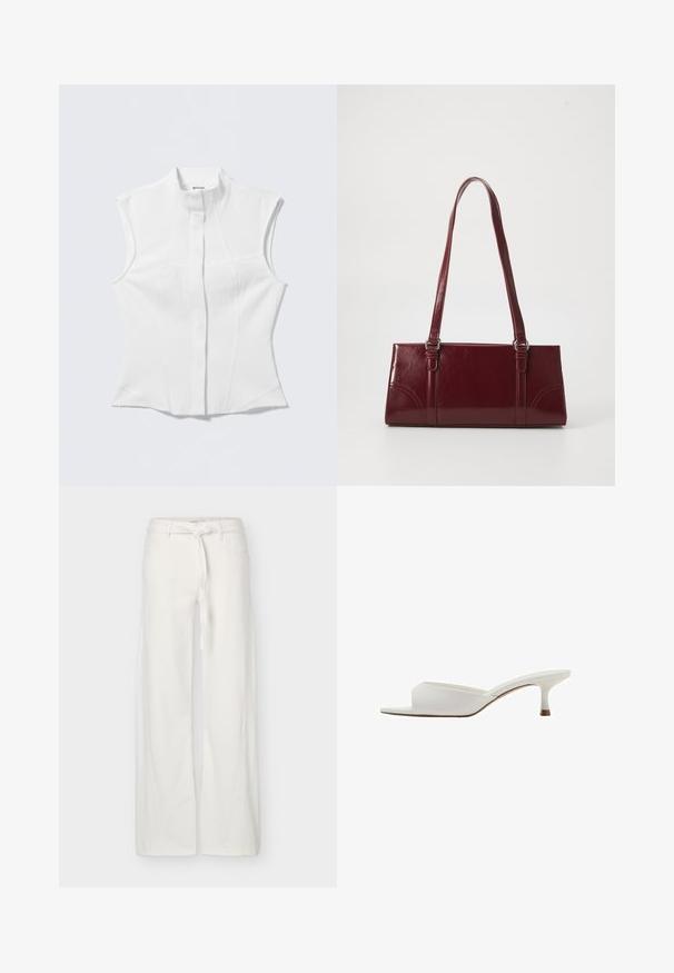 Chemisier blanc sans manches avec col montant, coupe ajustée, tissu subtilement texturé et patte de boutonnage centrale. Aucune quincaillerie visible ni motifs.; Pantalon blanc à jambes larges avec poches avant et ceinture en tissu nouée à la taille, présenté sur un fond uni.; Mule ouverte blanche à bout ouvert avec un petit talon kitten bas et une tige en cuir lisse, montrée de profil sur un fond blanc.; Sac à main bordeaux en matériau brillant, de forme rectangulaire, avec deux anses et des accents légèrement courbés à l'avant.