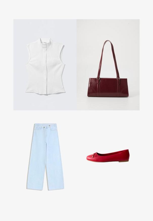 Witte mouwloze blouse met een hoge kraag, getailleerde pasvorm, subtiele textuur in de stof en een centrale knoopsluiting. Geen zichtbare hardware of patronen.; Lichtblauwe wijdvallende jeans met hoge taille, voorzakken en twee zilveren knopen op de tailleband.; Rode leren ballerina's met een ronde neus, voorzien van een kleine strikaccent en een platte zool. Gladde textuur met minimale details.; Bourgondische handtas van glanzend materiaal, rechthoekige vorm, met twee schouderbanden en subtiele gebogen accenten aan de voorkant.