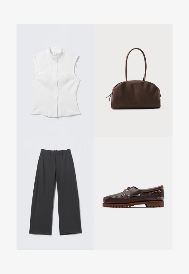 Chemisier blanc sans manches avec col montant, coupe ajustée, tissu subtilement texturé et patte de boutonnage centrale. Aucune quincaillerie visible ni motifs.; Pantalon gris foncé à jambes larges avec fines rayures verticales, passants de ceinture, poches latérales et fermeture éclair à l'avant.; Bateau en cuir marron avec des œillets dorés, des lacets ronds et une semelle en caoutchouc marron texturée. Présente des détails de couture et un logo en relief.; Sac à main synthétique marron avec une texture lisse, une forme arrondie, deux longues poignées et une fermeture éclair sur un côté.