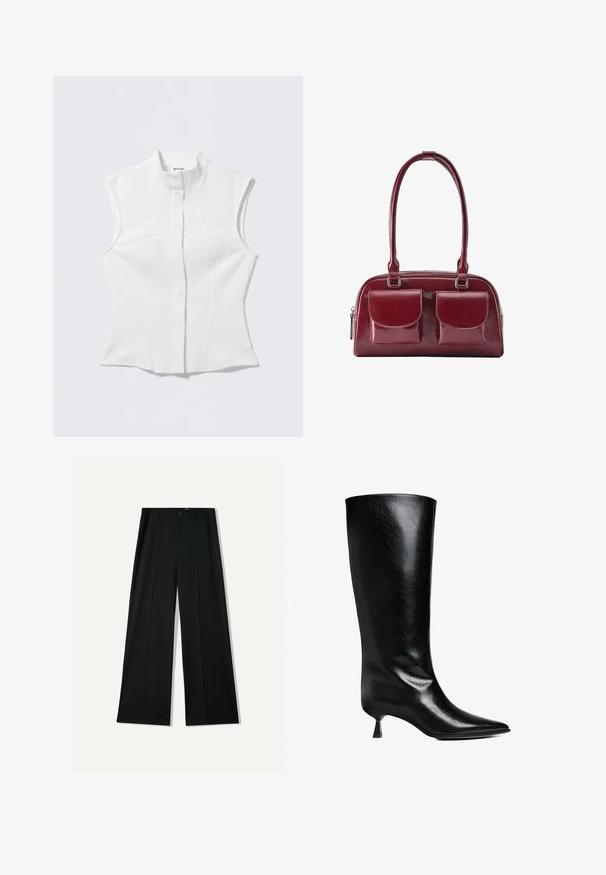 Witte mouwloze blouse met een hoge kraag, getailleerde pasvorm, subtiele textuur in de stof en een centrale knoopsluiting. Geen zichtbare hardware of patronen.; Bershka WIDE - Broek - black; Zwarte leren laars tot de knie met een puntige neus, slank silhouet en een lage blokhak met een glanzende afwerking.; Donkerrode lederen handtas met twee voorvakken met kleppen en lange schouderbanden, getoond op een witte achtergrond.