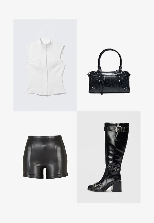 Chemisier blanc sans manches avec col montant, coupe ajustée, tissu subtilement texturé et patte de boutonnage centrale. Aucune quincaillerie visible ni motifs.; Shorts en simili cuir noir avec une taille haute, une texture lisse et des coutures visibles sur le devant et l'ourlet.; Botte en cuir noir, arrivant au genou, avec une finition brillante. Elle dispose de boucles et de sangles en argent, d'un bout pointu et d'un talon épais et texturé.; Sac à main en cuir noir avec deux anses, poche avant zippée avec pampille, et petits clous argentés aux coins.