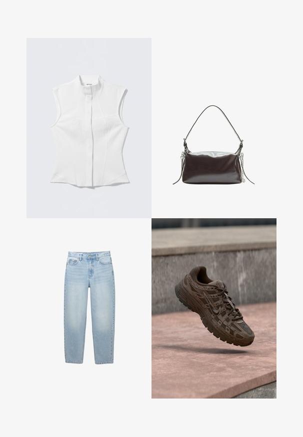 Hvid, ærmeløs bluse med høj krave, skræddersyet pasform, subtilt tekstureret stof og en central knaplukning. Ingen synlige hardware-elementer eller mønstre.; Lyseblå jeans med høj talje og lige ben med forreste knap, lynlås lukning, bæltestropper og fem-lomme-design på hvid baggrund.; Brun Nike løbesko med teksturerede mønstre og snørebånd, svævende over en betonoverflade med stentrin i baggrunden.; Brun patentlæder håndtaske med en struktureret rektangulær form, et enkelt håndtag og en sølv kæde accenter på den ene side.