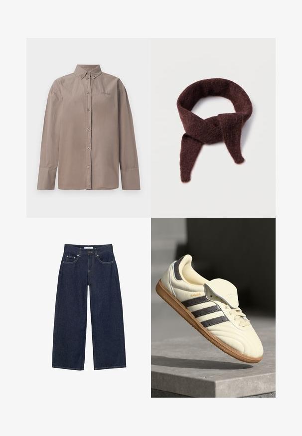 Chemise à boutons en coton marron clair avec col, manches longues et fermeture à boutons sur le devant. Présente des détails cousus et un logo.; Jean denim bleu foncé à jambes larges avec poches devant, passants pour ceinture, fermeture à boutons et surpiqûres contrastantes.; Baskets en cuir crème avec trois bandes sombres, une semelle extérieure en gomme marron et un bout arrondi. Présentent une languette pliable étiquetée "SAMBA."; Écharpe bordeaux en matière douce et duveteuse ; présente un design en boucle continue avec deux extrémités effilées. La texture semble chaude et confortable.