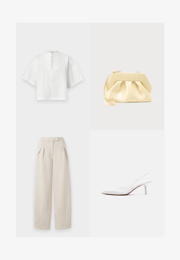 Blouse blanche pour femme à manches courtes avec une fente en V et une coupe ample et rectangulaire, présentée sur un fond uni.; Pantalons beige taille haute et jambes larges avec des plis à l'avant, passants de ceinture et fermeture discrète à l'avant.; Chaussure pour femme en cuir blanc avec bride arrière, bout pointu, petit talon kitten bas et petit nœud décoratif sur le dessus, vue de profil latéral.; Pochette en cuir couleur crème avec un cadre supérieur structuré et une lanière pour poignet, présentée sur un fond clair uni.