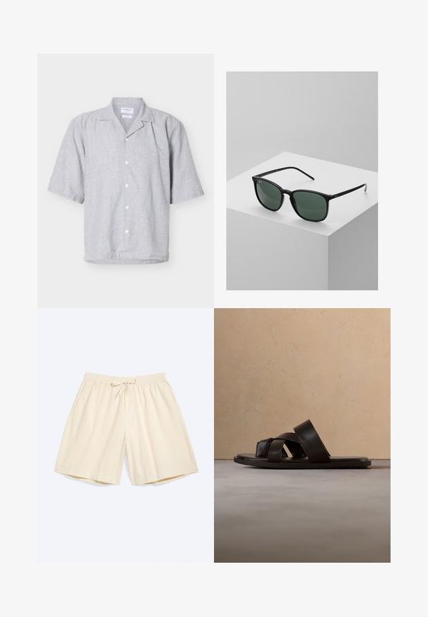 Lichtgrijs linnen overhemd met korte mouwen, voorzien van vijf witte knopen en een klassiek kraagje, getoond tegen een effen lichte achtergrond.; Crèmekleurige knielange shorts met elastische tailleband en trekkoord, met zijzakken, plat neergelegd op een lichte achtergrond.; Zwarte leren slip-on sandaal met drie gekruiste bandjes, platte zool en een gladde textuur, boven een geweven natuurlijk vezel tapijt.; Zwarte rechthoekige zonnebril met donkergroene lenzen, voorzien van een lichtgewicht plastic frame en zilveren Accenten op de pijlen.