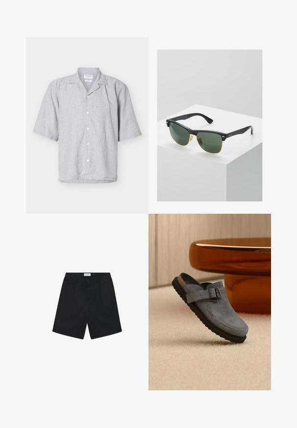 Chemise en lin gris clair à manches courtes avec cinq boutons blancs et un col classique, présentée sur un fond clair uni.; Shorts noirs en tissu avec une texture lisse. Comprend une fermeture à bouton, deux plis avant et une taille standard.; Sabot en daim gris à enfiler avec semelle noire et bride réglable à boucle, reposant sur un tapis beige près d'un pied de table arrondi marron.; Lunettes de soleil Ray-Ban avec des verres verts, monture en plastique noir et accents dorés sur les bords. Forme carrée avec une finition mate.