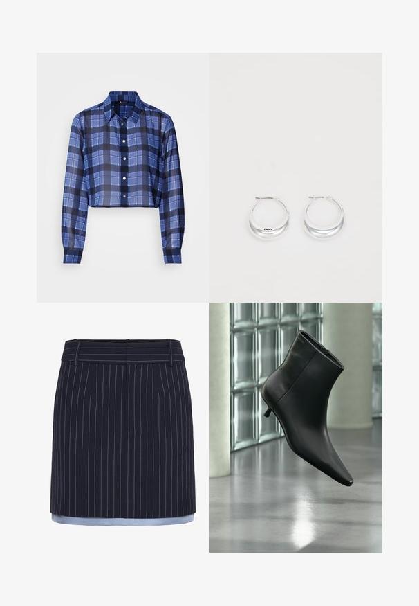 Camisa recortada de botón en un patrón de cuadros azules. Presenta un cuello, mangas largas y una tela translúcida. Los botones están espaciados uniformemente en el frente.; Falda de rayas navy con corte recto, con acentos en azul claro en el dobladillo, fabricada en un tejido texturizado y con una cinturilla ancha.; Botín negro de cuero con punta puntiaguda y tacón bajo estilo kitten, mostrado en ángulo sobre un suelo pulido y con una pared de bloques de vidrio de fondo.; Pendientes de aro de plata con un acabado pulido y la marca DKNY, exhibidos sobre un fondo blanco liso.