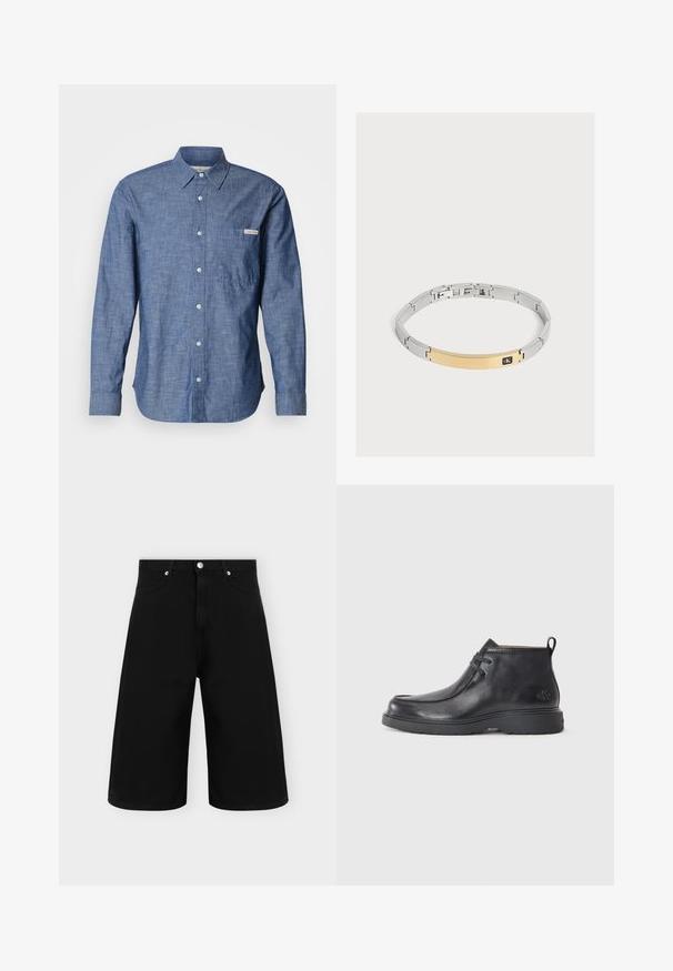 Chemise bleue à manches longues avec boutons, en tissu léger et texturé. Elle présente une poche sur le côté gauche de la poitrine et une petite étiquette logo. Les boutons sont de couleur claire.; Short en jean noir à jambes larges avec poches avant, passants de ceinture et fermeture bouton argenté sur fond clair uni.; Bottes noires en cuir à talon arrondi, avec un design à lacets et une languette à l'arrière. Tige texturée et semelle en caoutchouc.; Bracelet à maillons en métal argenté avec une plaque rectangulaire dorée ornée d’un petit logo Calvin Klein noir sur un fond uni clair.
