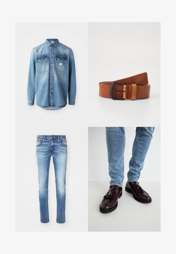 Chemise en denim bleu clair à manches longues, avec deux poches sur la poitrine, fermeture à boutons à l'avant et des dessus de poche plus foncés en contraste. Présente un ourlet arrondi.; Jean en denim bleu clair avec un design délavé, coupe droite, style à cinq poches, fermeture à bouton en métal et coutures contrastées.; Mocassins en cuir bourgogne avec pompons et dessus texturé, associés à un jean en denim bleu clair. Semelle en caoutchouc noir visible.; Ceinture en cuir tan avec une boucle en métal noir. La ceinture a une texture lisse avec une finition légèrement brillante et un design classique.