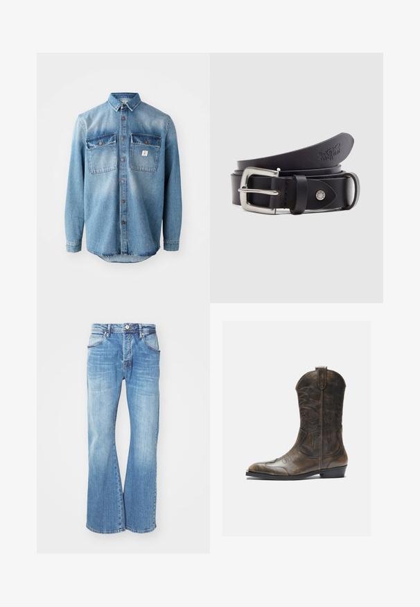 Hellblaues Jeanshemd mit langen Ärmeln, zwei Brusttaschen, durchgehender Knopfleiste und kontrastierenden, dunkleren Taschenoberteilen. verfügt über einen abgerundeten Saum.; Helleblaue Denim-Jeans mit einem ausgestellten Design, das einen klassischen Fünf-Taschen-Stil, einen Reißverschluss und kontrastierende Nähte entlang der Nähte aufweist.; Braune Leder-Cowboystiefel mit hohem Schaft, spitzem Zehenbereich, aufwendigen Stickmustern und kleinem Absatz. Strukturierte Oberflächenbeschaffenheit.; Schwarzer Ledergürtel mit silberner Metallschnalle, einem Druckknopf zur Verstellung und geprägtem Muster auf dem Leder. Gleichmäßige, glatte Textur.