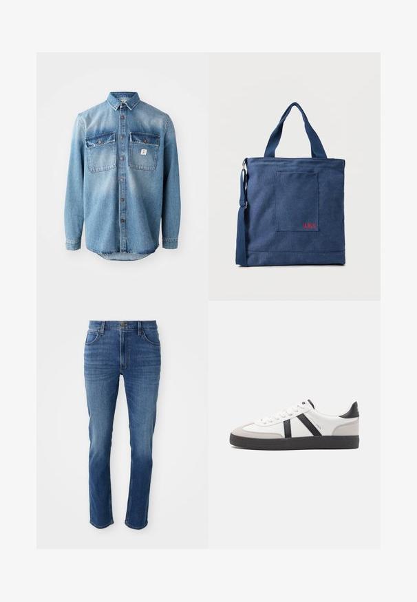 Chemise en denim bleu clair à manches longues, avec deux poches sur la poitrine, fermeture à boutons à l'avant et des dessus de poche plus foncés en contraste. Présente un ourlet arrondi.; Jean en denim bleu avec une coupe droite, cinq poches et une fermeture éclair. Présente une décoloration subtile et des coutures contrastantes le long des coutures.; Baskets blanches avec des accents noirs et gris, présentant un embout texturé gris, une semelle en caoutchouc noir et des lacets plats blancs. Design épuré, style minimaliste.; Sac fourre-tout en toile bleue avec poche frontale et broderie rouge "O.N.S", doté de doubles poignées et d'une bandoulière réglable.