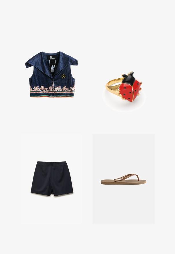 Chaleco corto azul marino con cuello ancho, patrón floral rosa en la parte inferior, rayas horizontales, botones en el frente y un emblema dorado redondo en el pecho.; Pantalones cortos azul marino hechos de una tela suave, con un diseño ajustado, frente plano y dobladillo corto. Sin patrones ni acentos visibles.; Chancla de goma marrón con suela texturizada y tiras en forma de V con la marca, sobre un fondo claro y liso.; Anillo de oro con un diseño de mariquita roja y negra con manchas negras y detalles dorados sobre un fondo blanco.