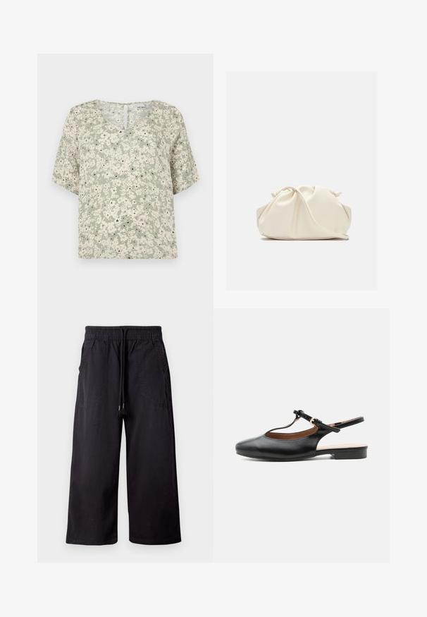Kurzärmlige Bluse aus leicht grü fabric mit weißen Blumenmustern und schwarzen Akzenten. V-Ausschnitt mit kleinem Schlüssellochdetail auf der Rückseite.; Schwarze, weit geschnittene Hose mit elastischem Bund und Kordelzug, mit vorderen aufgesetzten Taschen, vor hellem einfarbigem Hintergrund dargestellt.; Schwarzer flacher Lederslingback-Schuh mit T-Riemen und goldener Schnalle auf neutralem Hintergrund.; Weiche, cremefarbene Leder-Clutch mit gerafftem Design und einem dünnen Schulterriemen, der vorne auf einem schlichten Hintergrund liegt.