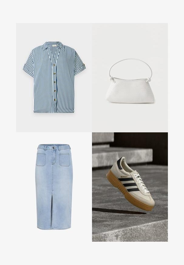 Blau-weiß gestreiftes Kurzarmhemd mit Kragen und fünf braunen Knöpfen vorne, dargestellt auf einem einfarbigen Hintergrund.; Hellblaue Denim-Midirock mit einem hohen Schlitz, fünf Taschen und einer figurbetonten Taille mit Gürtelschlaufen und Knopfverschluss.; Beige Wildleder-Sneaker mit schwarzen Streifen, weißen Schnürsenkeln und einer Gummisohle in Karamellfarbe. Mit "SPEZIAL" Schriftzug an der Seite.; Weiße gewebte Lederhandtasche mit abgerundetem Griff und verknoteten Riemenenden, vor schlichtem Hintergrund präsentiert.