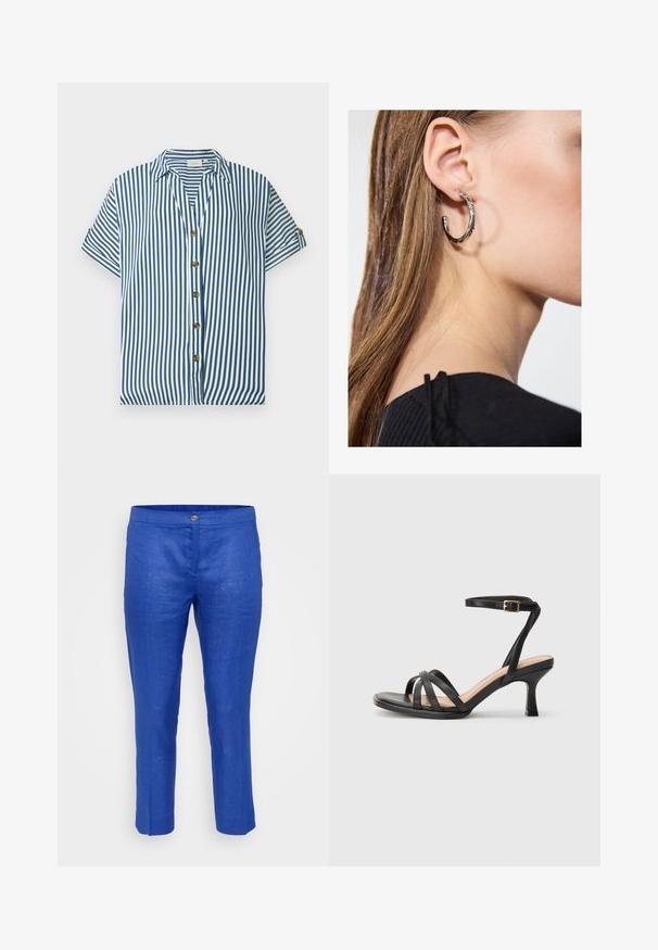 Blau-weiß gestreiftes Kurzarmhemd mit Kragen und fünf braunen Knöpfen vorne, dargestellt auf einem einfarbigen Hintergrund.; Herren Cropped-Hosen aus lebhaftem blauen Leinen, mit Knopfverschluss, glatter Textur und geradem Schnitt mit dezenten Falten-Details.; Schwarze Absatzsandalen mit mehreren dünnen Riemen über den Zehen, einem einzelnen Knöchelriemen mit goldener Schnalle und einer quadratischen Zehenform.; Silberne Creolen mit polierter Oberfläche, die kleine goldene Akzentdetails und eine runde Form aufweisen, am Ohrläppchen getragen.
